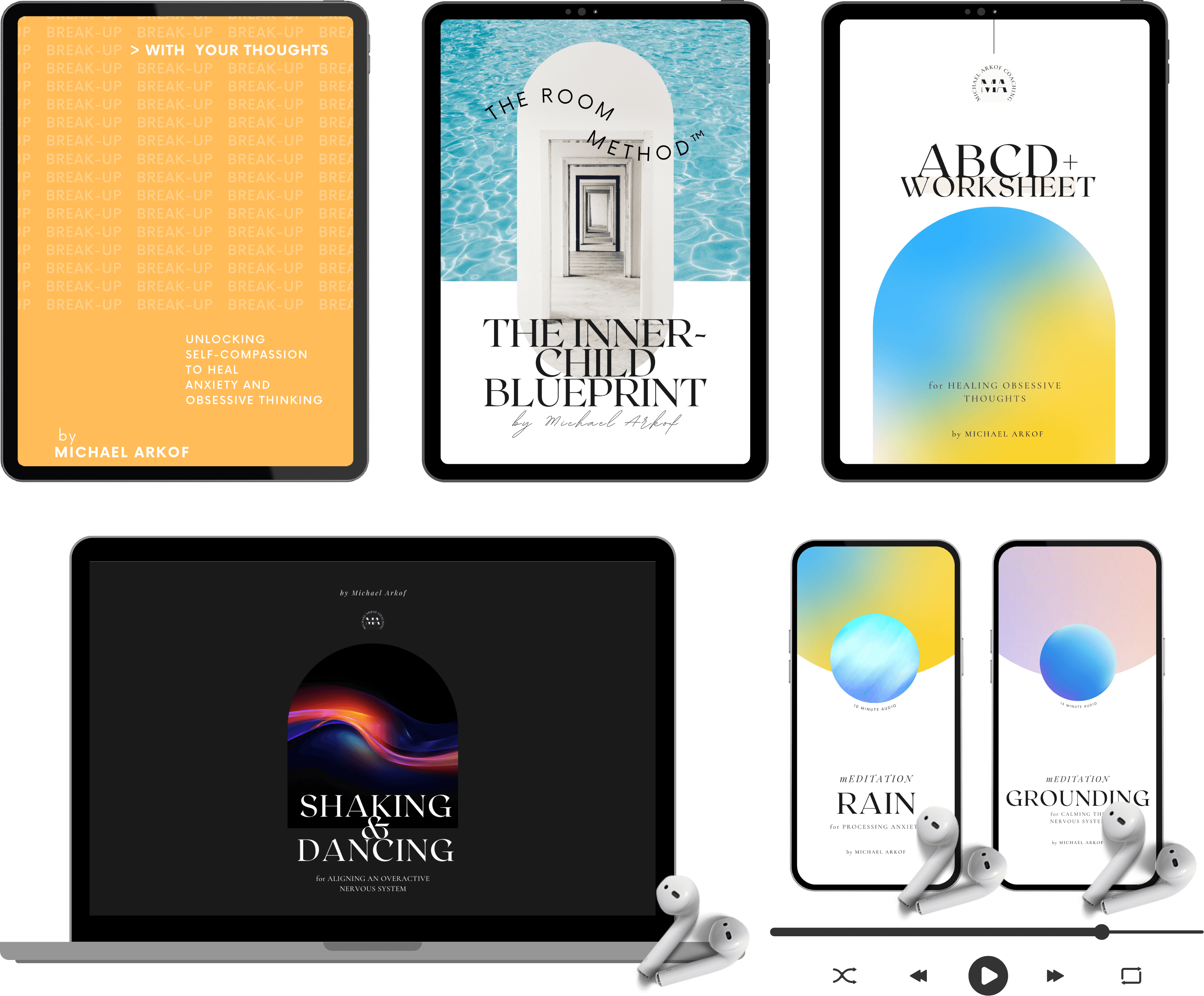 Break-Up With Your Thoughts system, including the book, Inner Child Blueprint, ABCD+ Worksheet, Shaking & Dancing practice, and guided meditations